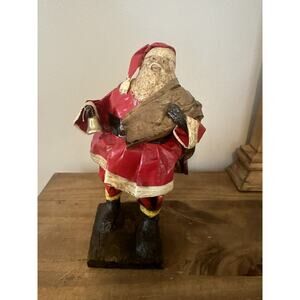 RARE! Antique Paper Mache Red Suit Santa Claus On Wood Base 8.5”T